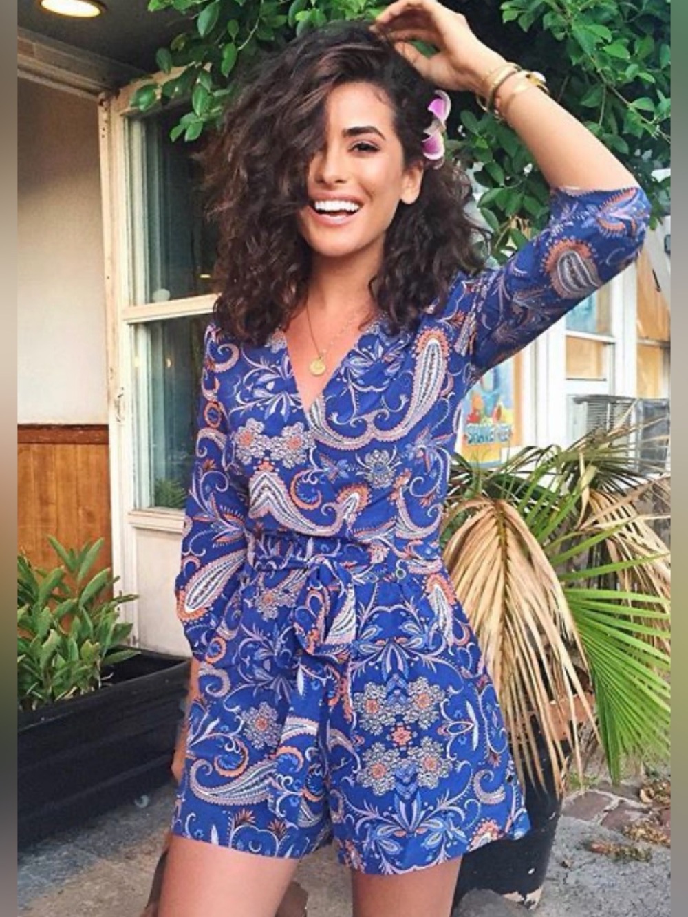 Yumi Kim Liz Romper 100% Silk Medium Navy Paisley Dream Tie Waist
